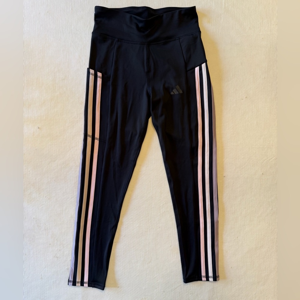 Adidas Kids Black Leggings with Pink Stripes